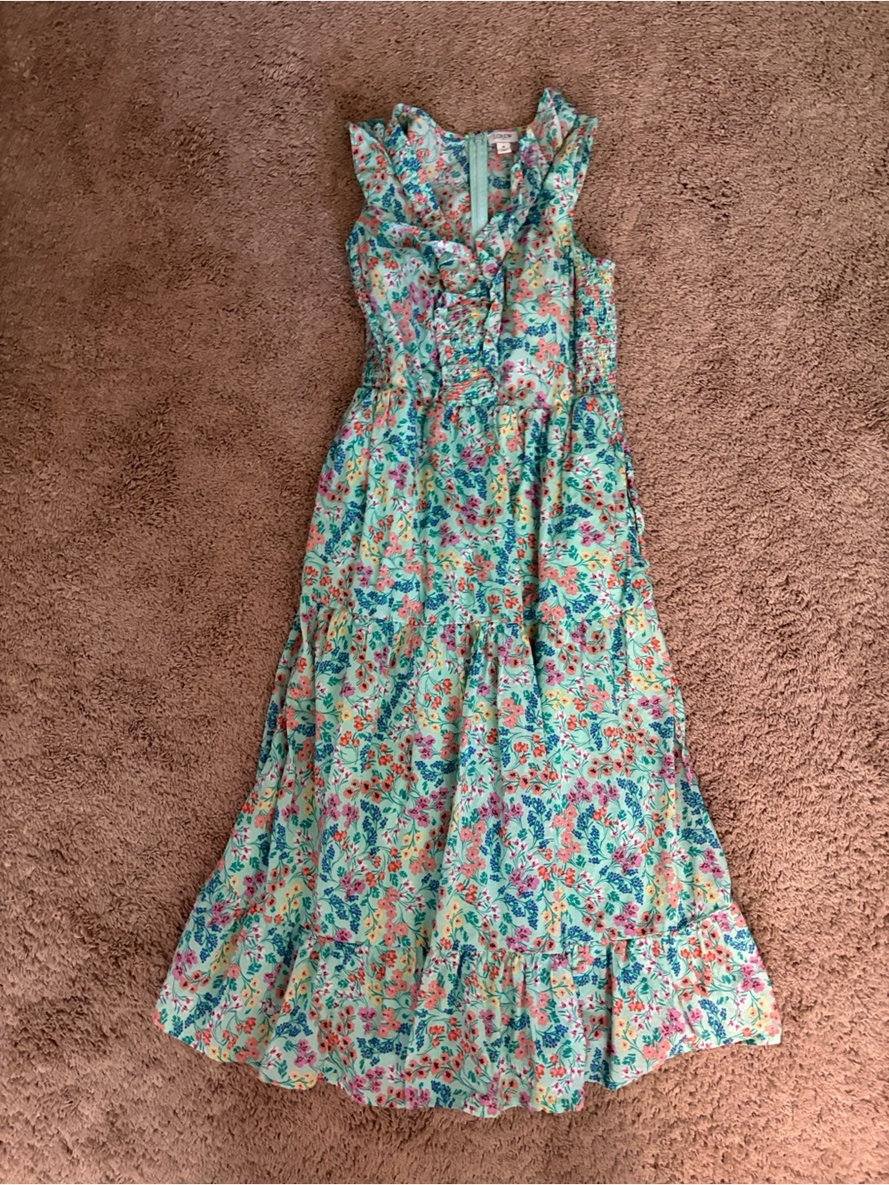 J. Crew Aqua Multi Floral Ruffle V-Neck Midi Dress - Picture 2 of 3